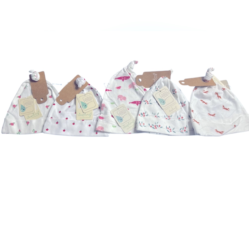 Sapling 5pack hats 100% organic cotton size 3 to 6 months